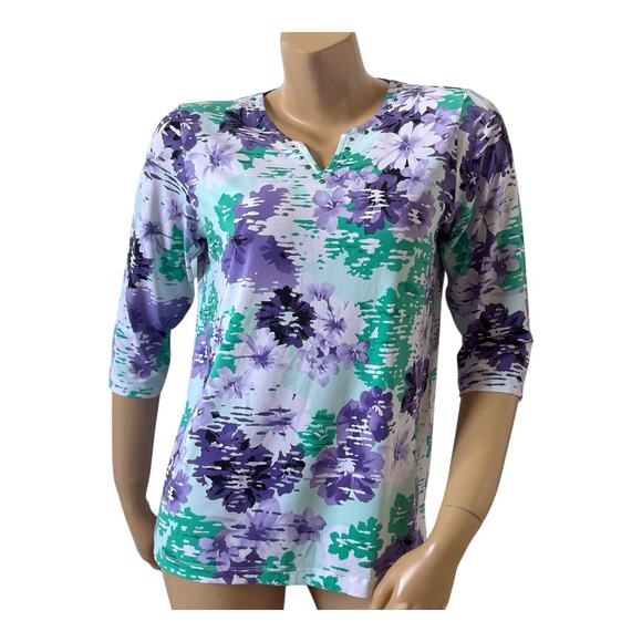 ALFRED DUNNER Womens Petite Size PS Embellished Split Neck 3/4 Sleeve Shirt Top - Picture 1 of 6